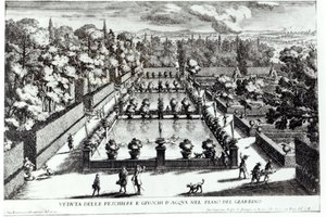 Fiskedamme ved Villa dEste, Tivoli, fra Le Fontane af Giovanni Battista Falda (ca. 1648-1787), udgivet af 1689 af Giovanni Francesco Venturini