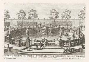 Springvand og fiskedam i haverne til Villa Montalto i Rom Fontana e pischiera nel giardino Montalto alle Terme Diocletiane (...) (titel på objektet) Le fontane ne palazzi e ne giardini di Roma (serietitel) Springvand i paladser og haver i Ro