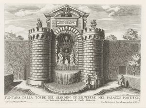 Fontein in de Vaticaanse tuinen Tårnfontæne i Belvedere-haven i pavepaladset (...) (titel på objektet) Springvandene i Roms paladser og haver (serietitel) Fonteinen in de paleizen en tuinen van Rome (serietitel) af Giovanni Francesco Venturini