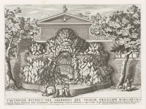 Fontein in de Villa Borghese te Rom Rustikt springvand i Mr. precipe Borgheses have (...) (titel på objektet) Springvandene i Roms paladser og haver (serietitel) Fonteinen in de paleizen en tuinen van Rome (serietitel) af Giovanni Francesco Venturini