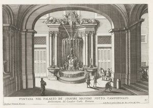 Fontein på den indendørs plads af Palazzo Massimo di Rignano te Rom Springvand i Palazzo de Signori Massimi under Campidoglio (titel på objekt) Springvandene i Roms paladser og haver (serietitel) Fonteinen in de paleizen en tuinen van Rome (seriøs af Giovanni Francesco Venturini