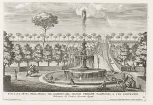 Fontein in de tuinen af ​​Villa Doria Pamphilj te Rom Springvand kendt som dronningen i prins Pamphilios have i San Pancratio (titel på objektet) Springvandene i Roms paladser og haver (serietitel) Fonteinen in de paleizen en tuinen v af Giovanni Francesco Venturini