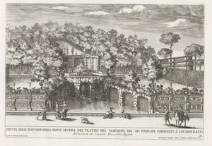Fontein in de tuinen af ​​Villa Doria Pamphilj te Rom Udsigt over springvandene på højre side af haveteateret (...) (titel på objektet) Springvandene i Roms paladser og haver (serietitel) Fonteinen in de paleizen en tuinen van Rome (serie af Giovanni Francesco Venturini