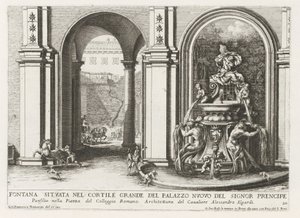 Fontein på en indendørsplads af Palazzo Doria Pamphilj i Rom Springvand placeret i den store gårdhave i Palazzo Nuovo del Signor-bygningen (...) (titel på objektet) Springvandene i Roms paladser og haver (serietitel) Fonteinen in de paleizen en tu af Giovanni Francesco Venturini