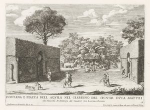 Fontein mødte adelaar i de tuinen af ​​Villa Celimontana te Rom Springvand og piazza del aquila i haven hos hr. hertug Mattei (...) (titel på objektet) Springvandene i Roms paladser og haver (serietitel) Fonteinen in de paleizen en tuinen van R af Giovanni Francesco Venturini