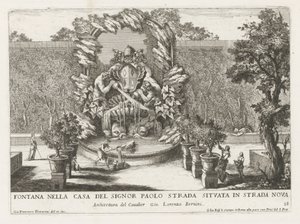 Springvand med et paveligt våbenskjold, to tritoner og delfiner Fontana nella casa del signor Paolo strada situata in strada nova (titel på objekt) Le fontane ne palazzi e ne giardini di Roma (serietitel) Springvand i Roms paladser og haver ( af Giovanni Francesco Venturini