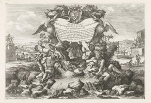 Springvand med dedikation og Livio Odescalchis våbenskjold Le fontane ne palazzi e ne giardini di Roma (serietitel) Springvand i Roms paladser og haver (serietitel) af Giovanni Francesco Venturini