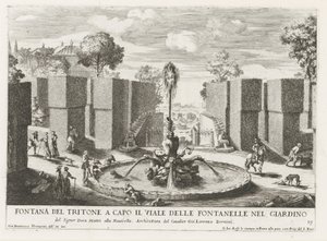 Fontein mødte triton i de tuinen af ​​Villa Celimontana i Rom Triton-fontæne i spidsen af ​​alléen med springvandene i haven (...) (titel på objektet) Springvandene i Roms paladser og haver (serietitel) Fonteinen in de paleizen en tuinen van af Giovanni Francesco Venturini