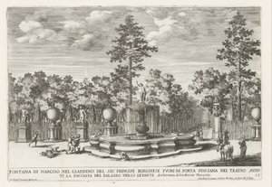 Fontein van Narcissus i Villa Borghese i Rom Narcissus-fontænen i prins Borgheses have (...) (titel på objektet) Springvandene i Roms paladser og haver (serietitel) Fonteinen in de paleizen en tuinen van Rome (serietitel) af Giovanni Francesco Venturini