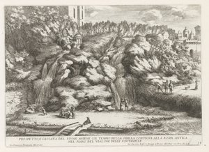 Landschap met cascade en Tempel van de Tiburtijnse Sibille t og Tivoli Højde og vandfald af Aniene-floden med sibyllens tempel (...) (titel på objektet) Springvandene i Estense-haven i Tivoli (serietitel) Fonteinen in de tuinen af ​​Villa d