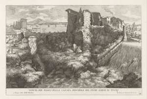 Landschap met waterval en tempel van de Tiburtijnse Sibille t og Tivoli Set fra siden af ​​Aniene-flodens hovedvandfald i Tivoli (titel på objekt) Springvandene i Estense-haven i Tivoli (serietitel) Fonteinen in de tuinen af ​​Villa d