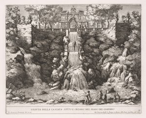 The Fountains of Rome, Bog IV, plade 21: Udsigt over kaskaden under orglet fra haven. af Giovanni Francesco Venturini