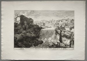 The Fountains of Rome, Bog IV, plade 27: Udsigt over Aniene-flodens vigtigste kaskade i Tivoli. af Giovanni Francesco Venturini