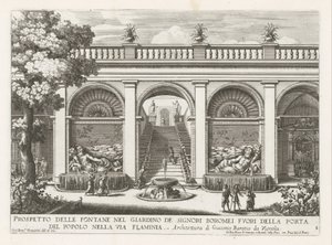 Tuin van een paleis te Rom Prospekt af springvandene i herrernes Boromeis have (...) (titel på objektet) Springvandene i Roms paladser og haver (serietitel) Fonteinen in de paleizen en tuinen van Rome (serietitel) af Giovanni Francesco Venturini