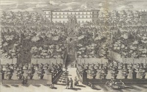 Udsigt over paladset fra haveetagen med dets springvand ..., 1691 eller senere. af Giovanni Francesco Venturini
