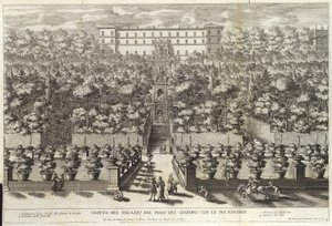 Udsigt over paladset fra haveetagen med dets springvand, fra La Fontane, pub. omkring 1691 af Giovanni Francesco Venturini