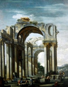 En Capriccio af klassiske ruiner med figurer (olie på lærred)