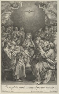 Jomfruen med apostle ser op mod den hellige due og to engle, efter Reni, 1700-50. af Giovanni Girolamo Frezza