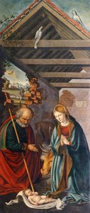 Tilbedelse af barnet, centralt panel i triptykon, der skildrer Fødslen med helgenerne Frans og Bartholomæus med to donorer af Giovanni Girolamo Savoldo