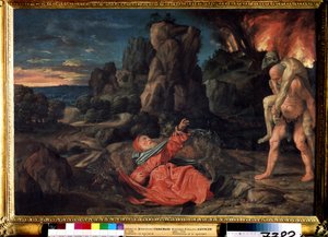 Sankt Anthonys fristelse. Maleri af Giovanni Girolamo Savoldo (1480 eller 1485-1548). Olie på træ, 58 x 86 cm, ca. 1530. Pushkin Museum of Fine Arts, Moskva.
