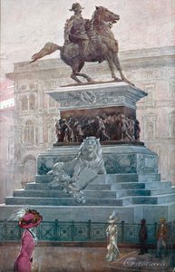 Milano / Milano: Monument til Victor Emmanuel II (farvelitografi)