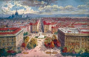 Milano / Milan: Panorama fra slottet (farvelitografi)