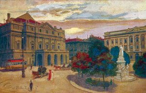 Milano / Milan: Piazza og Teatro della Scala (farvelitografi)