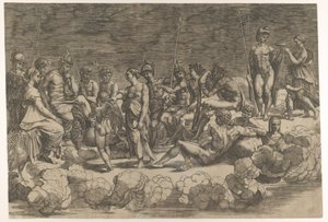 Forsamling af guderne efter loftsammensætningen i Loggia di Psiche, Villa Farnesina..., 1527. af Giovanni Jacopo Caraglio