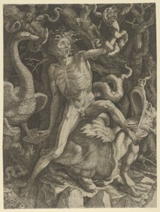 Fury personificeret som en gammel mand, der rider på et monster, med et kranie i venstre hånd, ca. 1520-39.