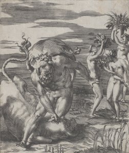 Hercules besejrer flodguden Achelous i form af en tyr, med tre kvinder t..., ca. 1526-27.
