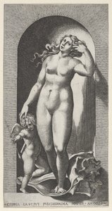 Plade 10: Venus i en niche, stående på en konkylie, med Amor til højre, fra en ser..., 1526.
