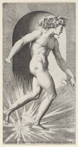 Plade 11: Apollo kører på sin vogn i en niche, vendt mod højre, fra en række mythologica..., 1526.
