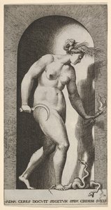 Plade 14: Ceres i en niche, vendt mod højre, stående over en tohovedet slange og holder en h..., 1526. af Giovanni Jacopo Caraglio