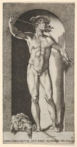 Plade 14: Mercury står i en niche og spiller sine piber, med det afhuggede hoved af en gammel m..., 1526.