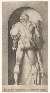 Plade 15: Hercules stående i en niche, iført løveskind og holder en kølle, set fra..., 1526.