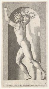 Plade 16: Hebe i en niche med hænderne i vejret, løber til venstre, mens hun ser til ..., 1526.