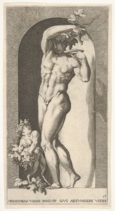 Tallerken 17: Bacchus stående i en niche og holder druer over en tallerken, ledsaget af en infa..., 1526.