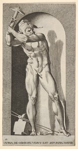 Plade 19: Vulcan står i en niche og svinger en hammer, med en ambolt, hammer og tang a..., 1526.