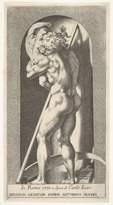Plade 1: Saturn i en niche, der fortærer sin søn, stående foran en le, fra en række m..., 1526.