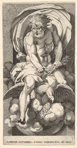 Plade 3: Jupiter dukker op fra en niche, rider på en ørn og holder en torden i sin l..., 1526.
