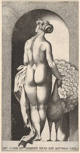 Plade 4: Juno står i en niche, set bagfra, og stryger en påfugl til højre for hende, fr..., 1526.