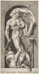 Plade 5: Neptun står i en niche med en trefork, med en hippocampus søhest beh..., 1526.