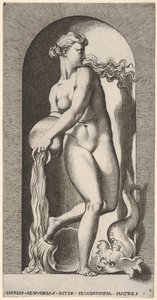 Plade 6: Thetis står i en niche med en skal og et havdyr og hælder vand ud af en ..., 1526.
