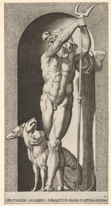Plade 7: Pluto i en niche, med en bident, med Cerberus ved siden af sig, fra en serie af m..., 1526.