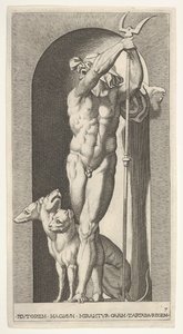 Plade 7: Pluto i en niche, med en bident, med Cerberus ved siden af sig, fra en serie af m..., 1526.