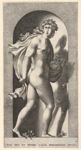 Plade 8: Prosperpina, stående i en niche, drejende til højre, mens han holder kappen i bo..., 1526.