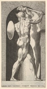 Plade 9: Mars i en niche, med et sværd over hovedet med sin højre arm og et skjold ..., 1526. af Giovanni Jacopo Caraglio