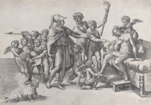 Ægteskabet mellem Alexander og Roxana, Alexander omgivet af putti, tilbyder en krone t..., 1520-39. af Giovanni Jacopo Caraglio