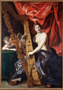 Kvindemusik spiller på harpe (Allegory of Music). (Maleri
