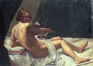 Ung mand liggende på en seng med en kat, 1620